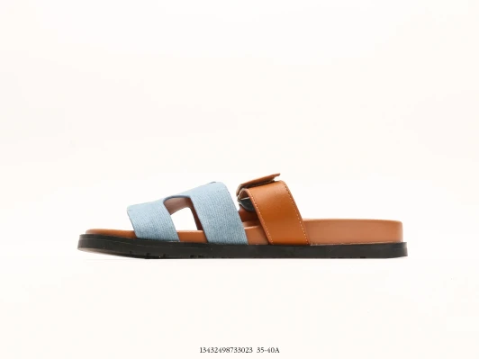 Slide Sandals Light Blue Denim Tan Leather Two-Strap