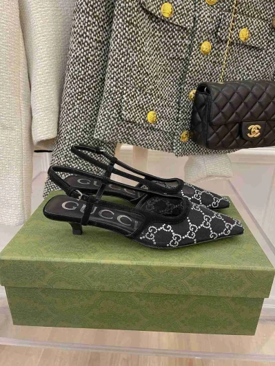 Gucci Slingback Mesh Heels Black Rhinestone