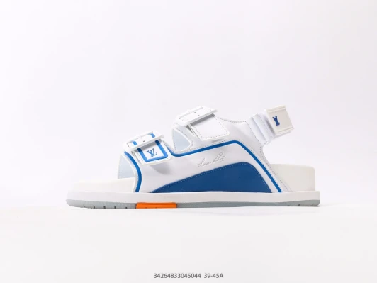Louis Vuitton Sandals White Blue Leather Velcro Strap
