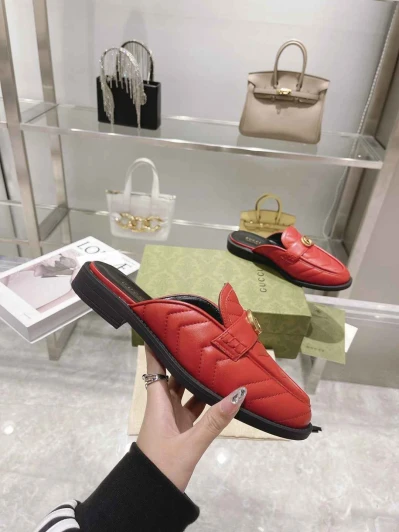 Gucci Red Leather Quilted Loafer Mules Double G Buckle