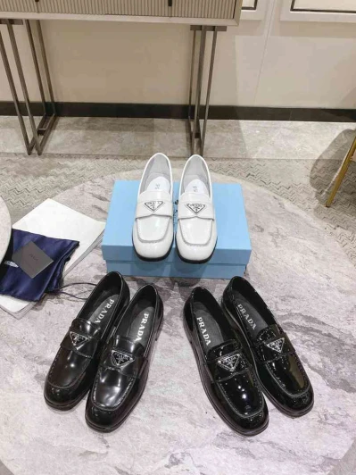 Prada Loafers White Patent Leather Decorative Logo