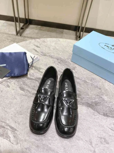 Prada Loafers Black Patent Leather Slip-On With Logo Detail