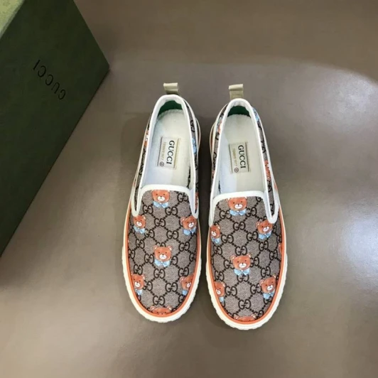 Gucci Canvas Slip-On Shoes Brown Teddy Bear Print