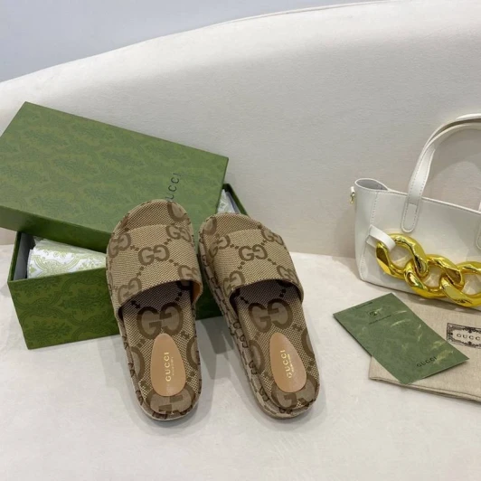 Gucci Slides Beige Monogram Platform