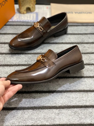 Louis Vuitton Men's Brown Leather Loafers With Gold Buckle