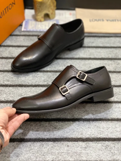 Louis Vuitton Men's Black Leather Double Monk Strap Shoes