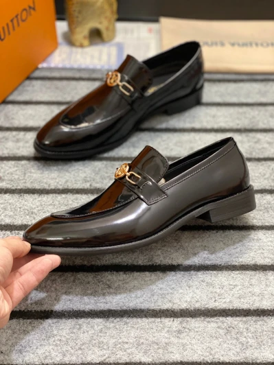 Louis Vuitton Loafers Black Patent Leather Gold LV Buckle