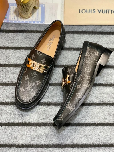 Louis Vuitton Loafers Black Monogram Leather Gold Buckle