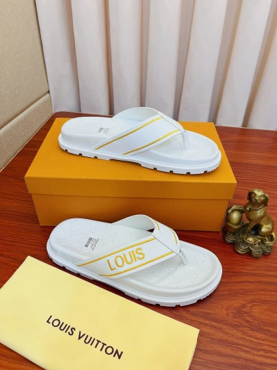 Louis Vuitton Men's Flip Flops White Leather Metal Detail