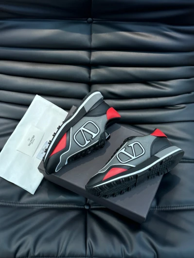 Valentino Sneakers Grey Leather Red Accents