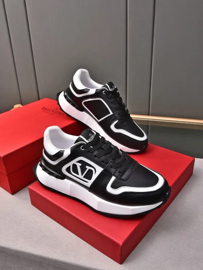 Valentino Black Leather Sneakers With White Trim