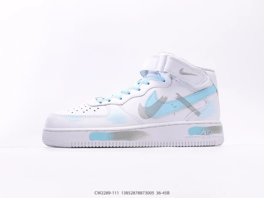 Nike Air Force 1 Mid White Ice Blue Paint Splatter Sneakers CW2289-111