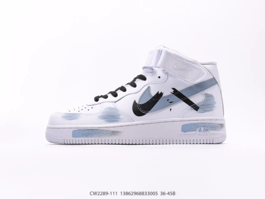 Nike Air Force 1 Mid White Sneakers with Blue Brushstroke Detail