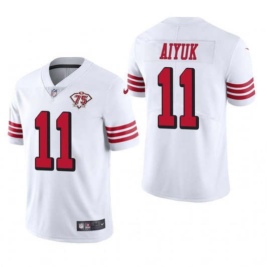 [FULLY STITCHED] San Francisco 49ers Brandon Aiyuk White Throwback 75th Anniversary Limited Football Jersey 