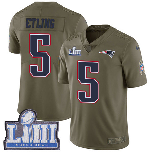 [FULLY STITCHED] #5 New England Patriots Danny Etling Olive 2017 Salute To Service Super Bowl LIII Bound Limited Football Jersey 