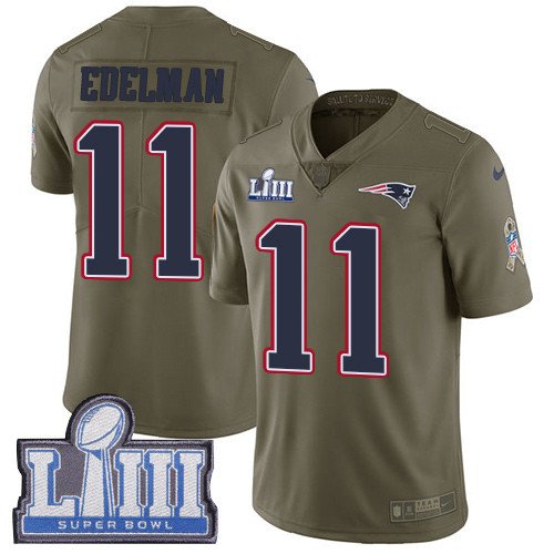 [FULLY STITCHED] #11 New England Patriots Julian Edelman Olive 2017 Salute To Service Super Bowl LIII Bound Limited Football Jersey 