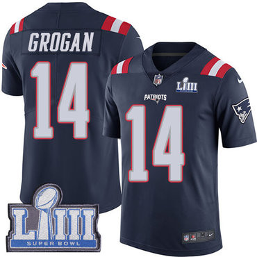 [FULLY STITCHED] #14 New England Patriots Steve Grogan Navy Blue Rush Super Bowl LIII Bound Limited Football Jersey 