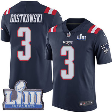 [FULLY STITCHED] #3 New England Patriots Stephen Gostkowski Navy Blue Rush Super Bowl LIII Bound Limited Football Jersey 