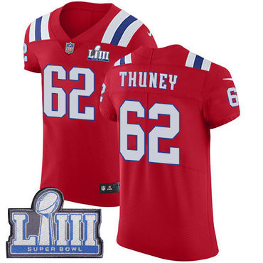 [FULLY STITCHED] #62 New England Patriots Joe Thuney Red Alternate Super Bowl LIII Bound Style 3 Limited Football Jersey 