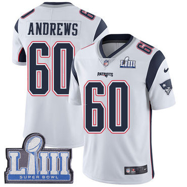 [FULLY STITCHED] #60 New England Patriots David Andrews White Road Super Bowl LIII Bound Limited Football Jersey 