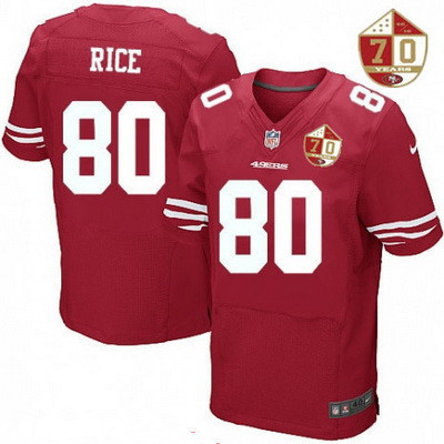 [FULLY STITCHED] #80 San Francisco 49ers Jerry Rice Scarlet Red 70th Anniversary Patch Limited Football Jersey 