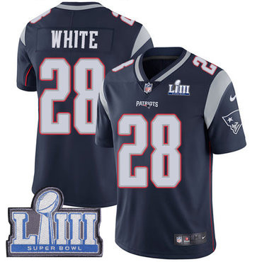 [FULLY STITCHED] #28 New England Patriots James White Navy Blue Home Super Bowl LIII Bound Limited Football Jersey 