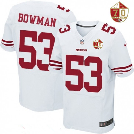 [FULLY STITCHED] #53 San Francisco 49ers Navorro Bowman White 70th Anniversary Patch Limited Football Jersey 