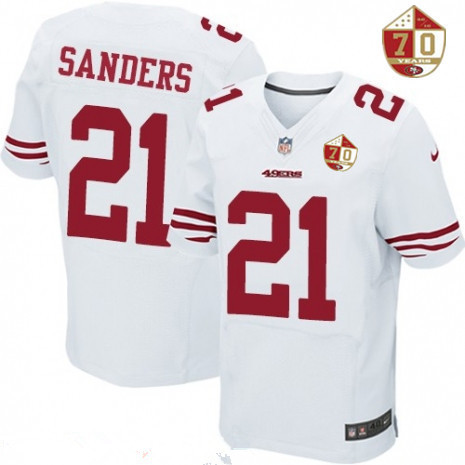 [FULLY STITCHED] #21 San Francisco 49ers Deion Sanders White 70th Anniversary Patch Limited Football Jersey 