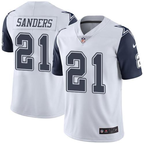 [FULLY STITCHED] #21 Dallas Cowboys Deion Sanders White Rush Limited Football Jersey 