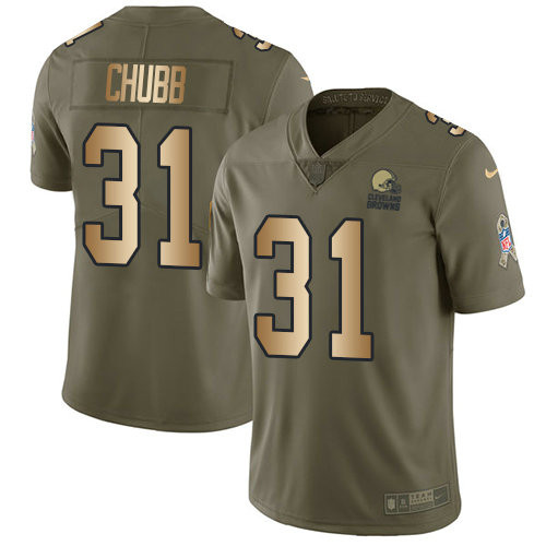 [FULLY STITCHED] #31 Cleveland Browns Nick Chubb Olive Gold 2017 Salute To Service Limited Football Jersey 