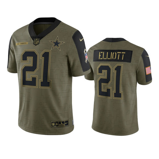[FULLY STITCHED] Dallas Cowboys Ezekiel Elliott Olive 2021 Salute To Service Limited Football Jersey 