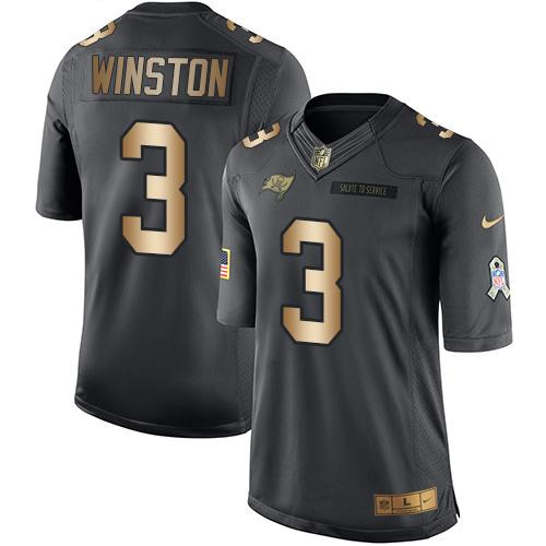 [FULLY STITCHED] #3 Tampa Bay Buccaneers Jameis Winston Black Gold Salute To Service Limited Football Jersey 