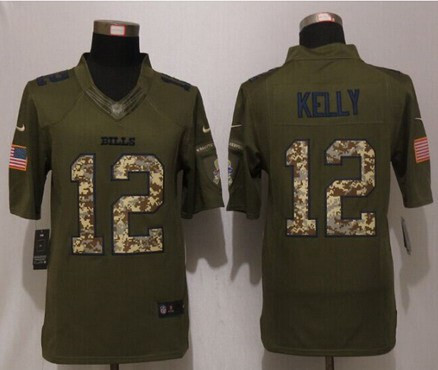 [FULLY STITCHED] #12 Buffalo Bills Jim Kelly Green Salute To Service 2015 Limited Football Jersey 