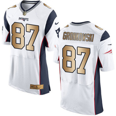 [FULLY STITCHED] #87 New England Patriots Rob Gronkowski White New Gold Limited Football Jersey 