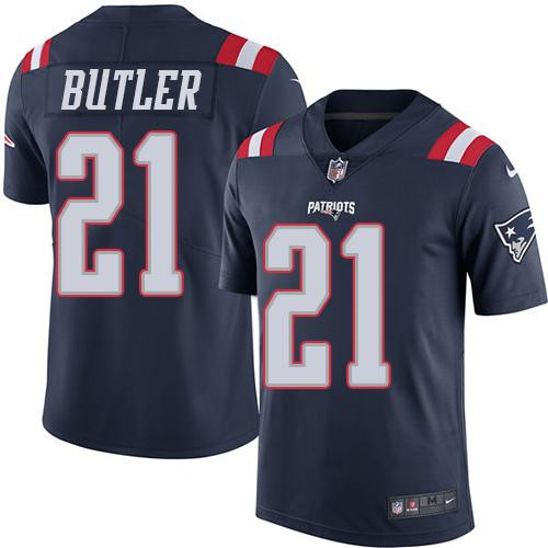 [FULLY STITCHED] #21 New England Patriots Malcolm Butler Navy Blue Rush Limited Football Jersey 