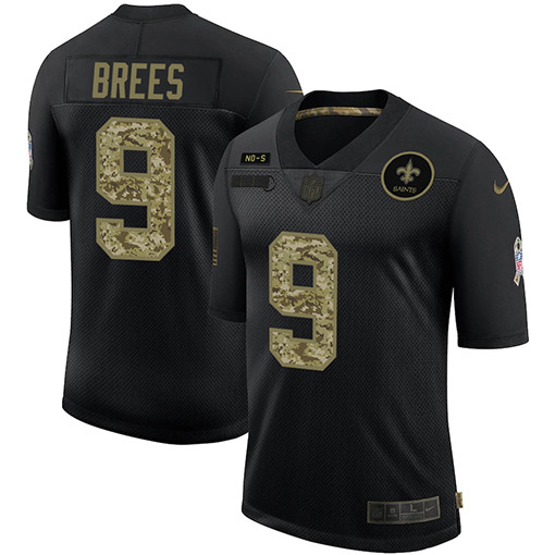 [FULLY STITCHED] #9 New Orleans Saints Drew Brees 2020 Black Camo Salute To Service Limited Football Jersey 