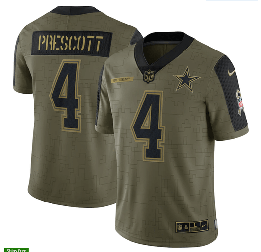 [FULLY STITCHED] #4 Dallas Cowboys Dak Prescott Olive 2021 Salute To Service Style 2 Limited Football Jersey 