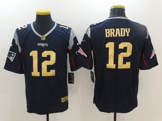 [FULLY STITCHED] #12 New England Patriots Tom Brady Navy Blue With Gold Limited Football Jersey 