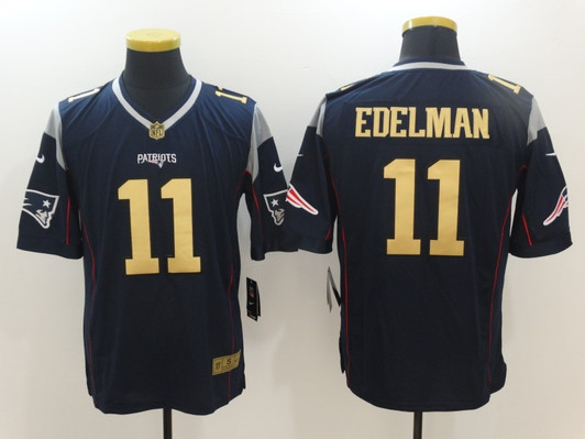 [FULLY STITCHED] #11 New England Patriots Julian Edelman Navy Blue With Gold Limited Football Jersey 