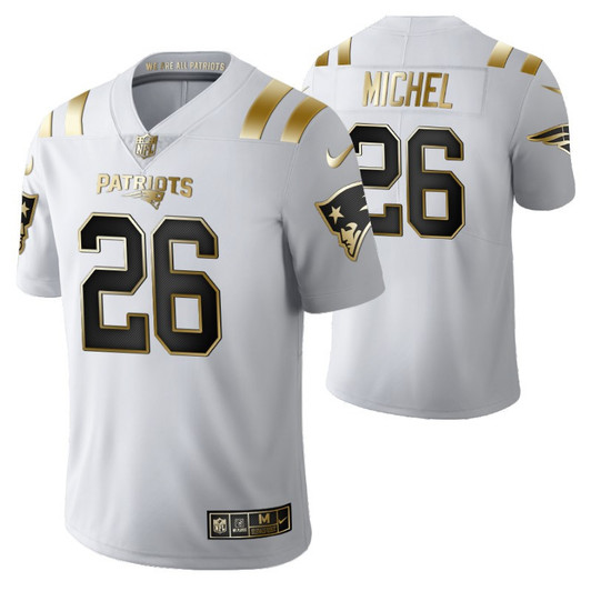 [FULLY STITCHED] #28 New England Patriots Sony Michel 2021 Golden Edition White Limited Football Jersey 