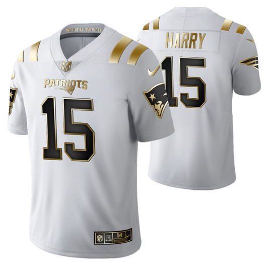 [FULLY STITCHED] #15 New England Patriots Nkeal Harry 2021 Golden Edition White Limited Football Jersey 