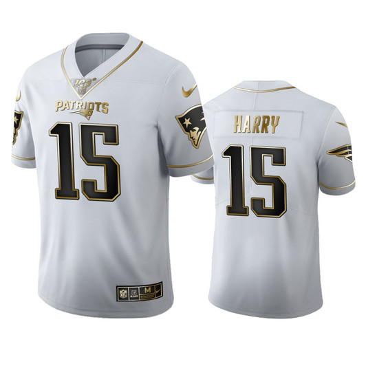 [FULLY STITCHED] New England Patriots Nkeal Harry White 100th Season Golden Edition Limited Football Jersey 