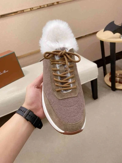 Loro Piana Sneakers Brown Suede Fur Trim Lace-Up