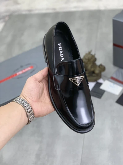 Prada Loafers Black Patent Leather Silver Triangle Logo