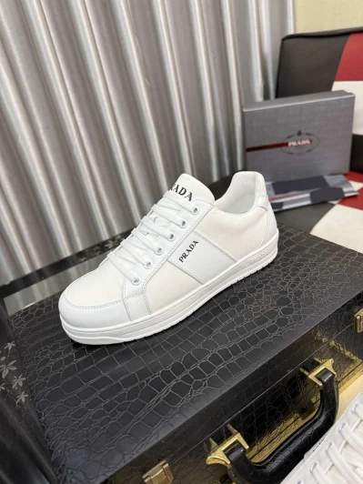 Prada Leather Sneakers White Textured Panel Lace-Up