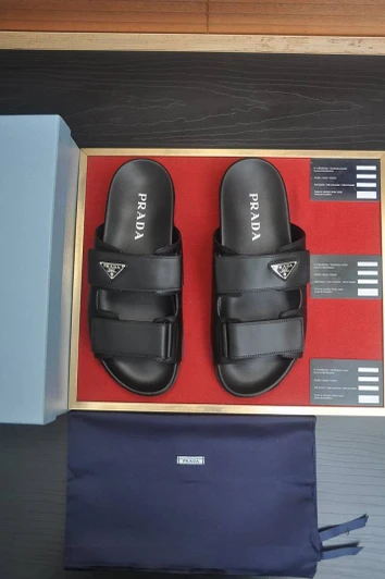 Prada Slides Black Leather Double Strap With Logo