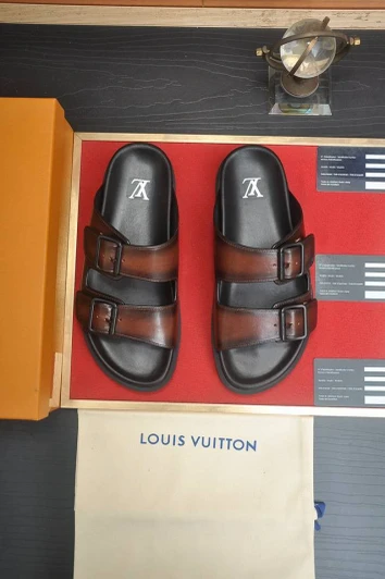 Louis Vuitton Slides Brown Leather Double Buckle Sandals