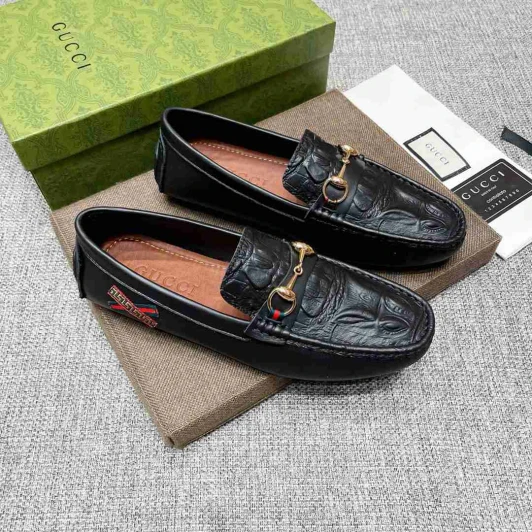 Gucci Black Leather Embossed Horsebit Loafers