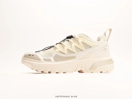 Salomon Trail Running Shoes Cream Suede Mesh Quicklace