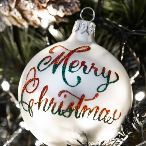 White plain christmas bauble 8cm personalised with "Merry Christmas"